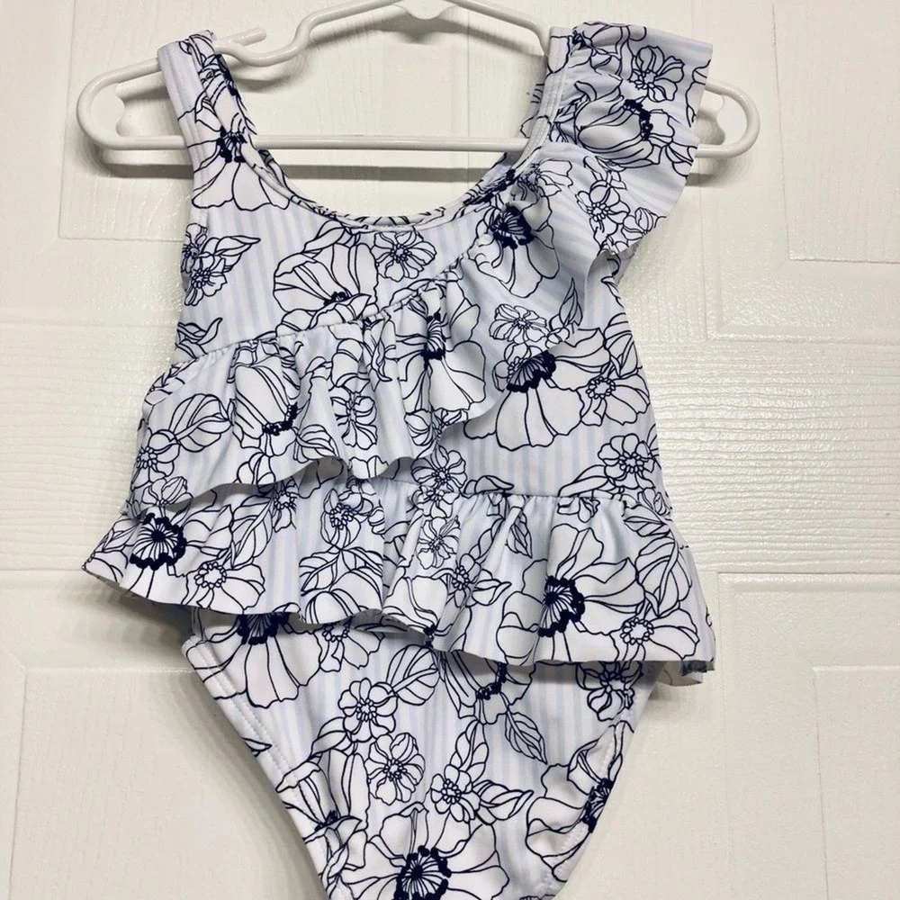 Janie and Jack One‎ Piece Swimsuit Toddler Baby 12-18 Months Blue Floral Ruffle